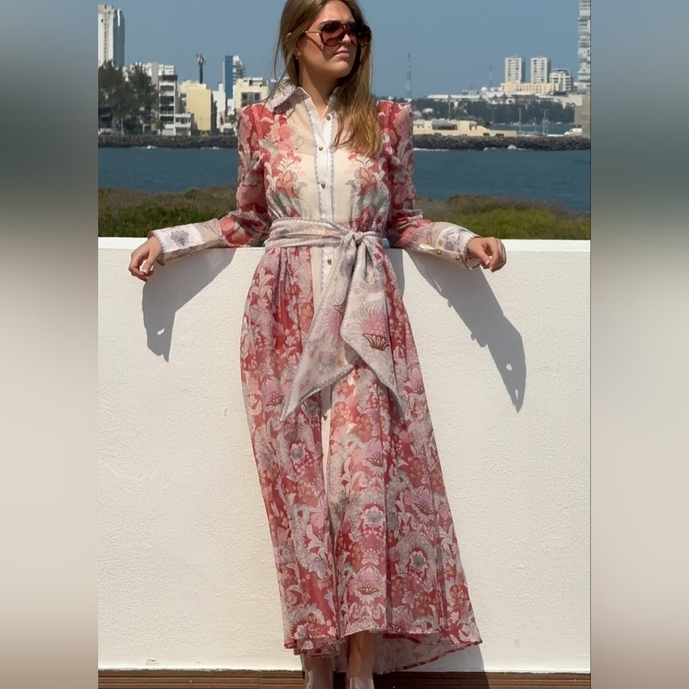 Boutique Floral Long Sleeve Maxi Dress Slip Belt Small NEW